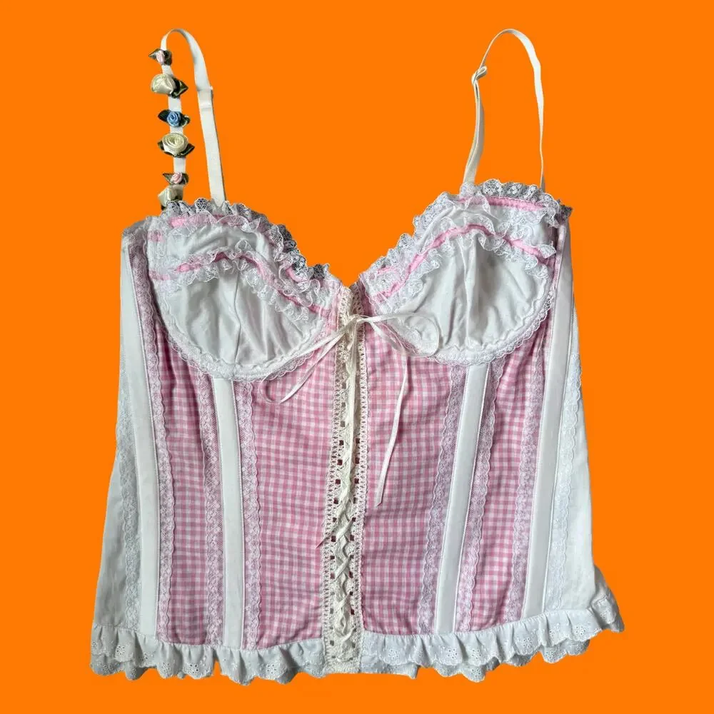00's vintage gingham eyelet lace corset top y2k lingerie set Size 34 S/M - Picture 2 of 10